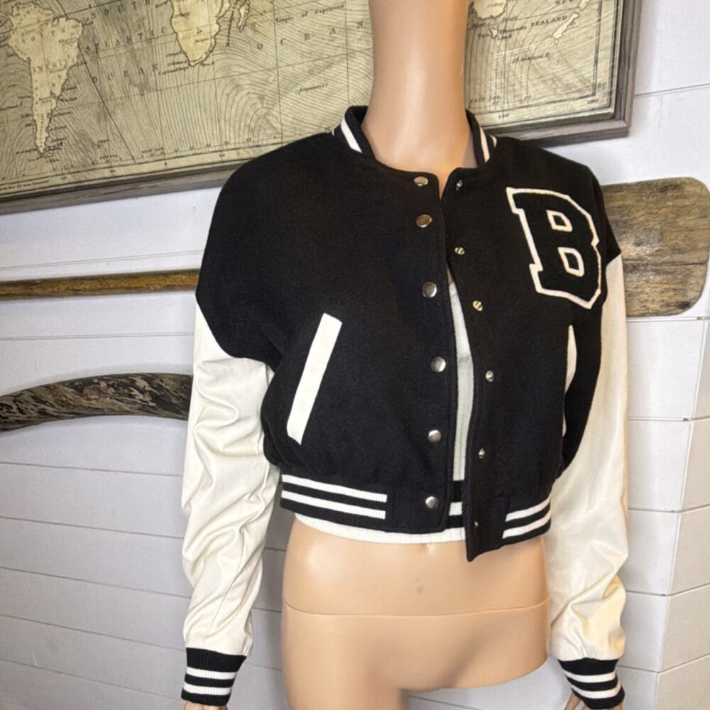 Love Tree Women's Black White Varsity Jacket Letter Striped Ribbing Snap Closure - Picture 2 of 7